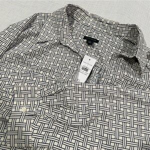 NWT Ann Taylor Cream & Navy Geometric Patterned Long Sleeve Blouse Size XL